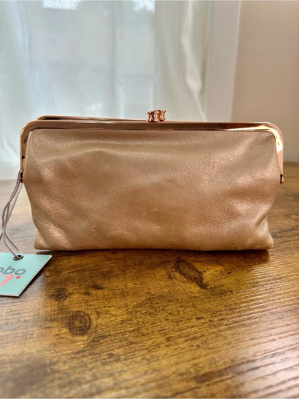 Hobo Lauren Clutch Wallet, Double Kisslock, Blush Leather, Rose Gold Hardware